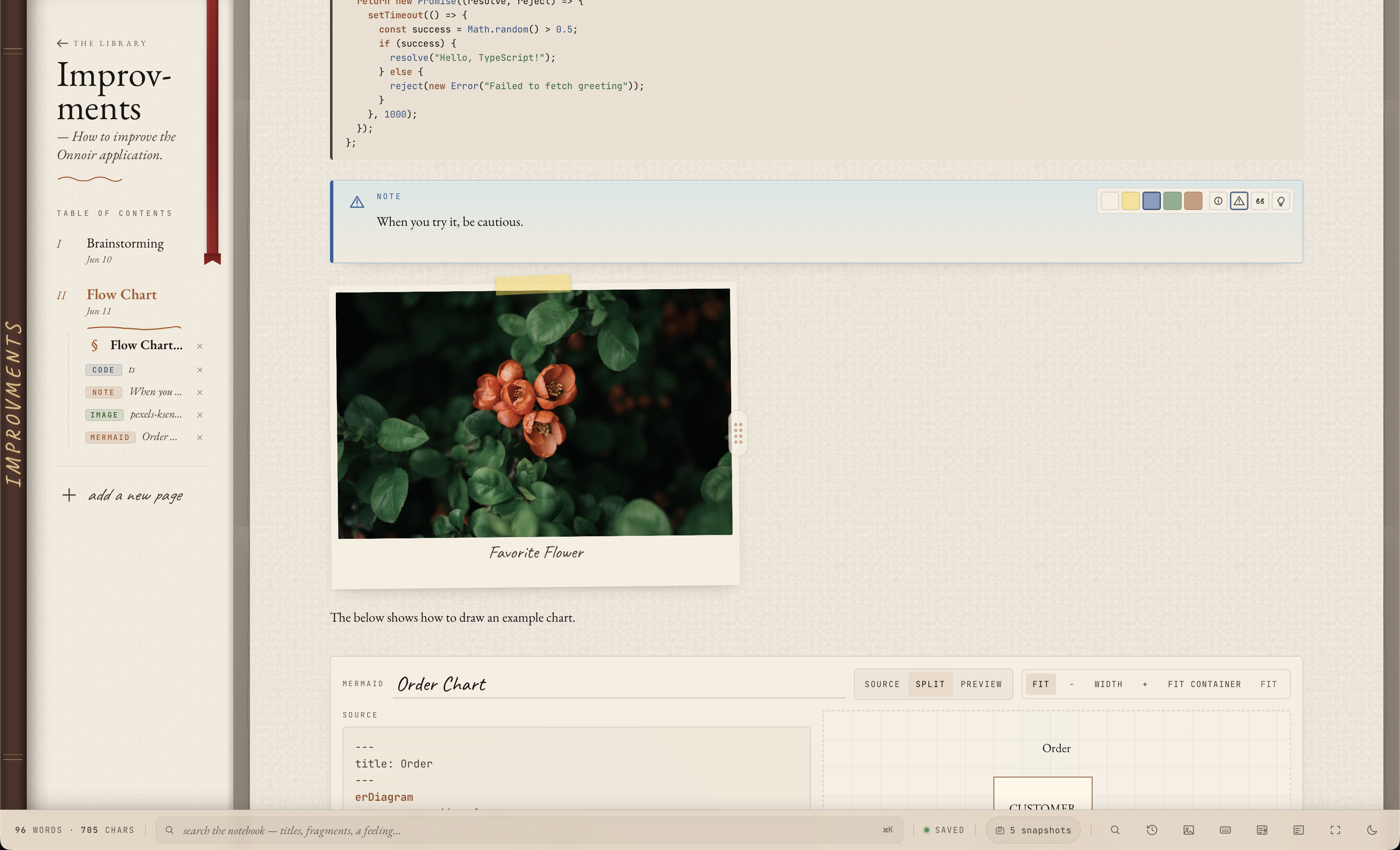 Onnoir page with media, Mermaid, code, tables, callouts, and a canvas reference