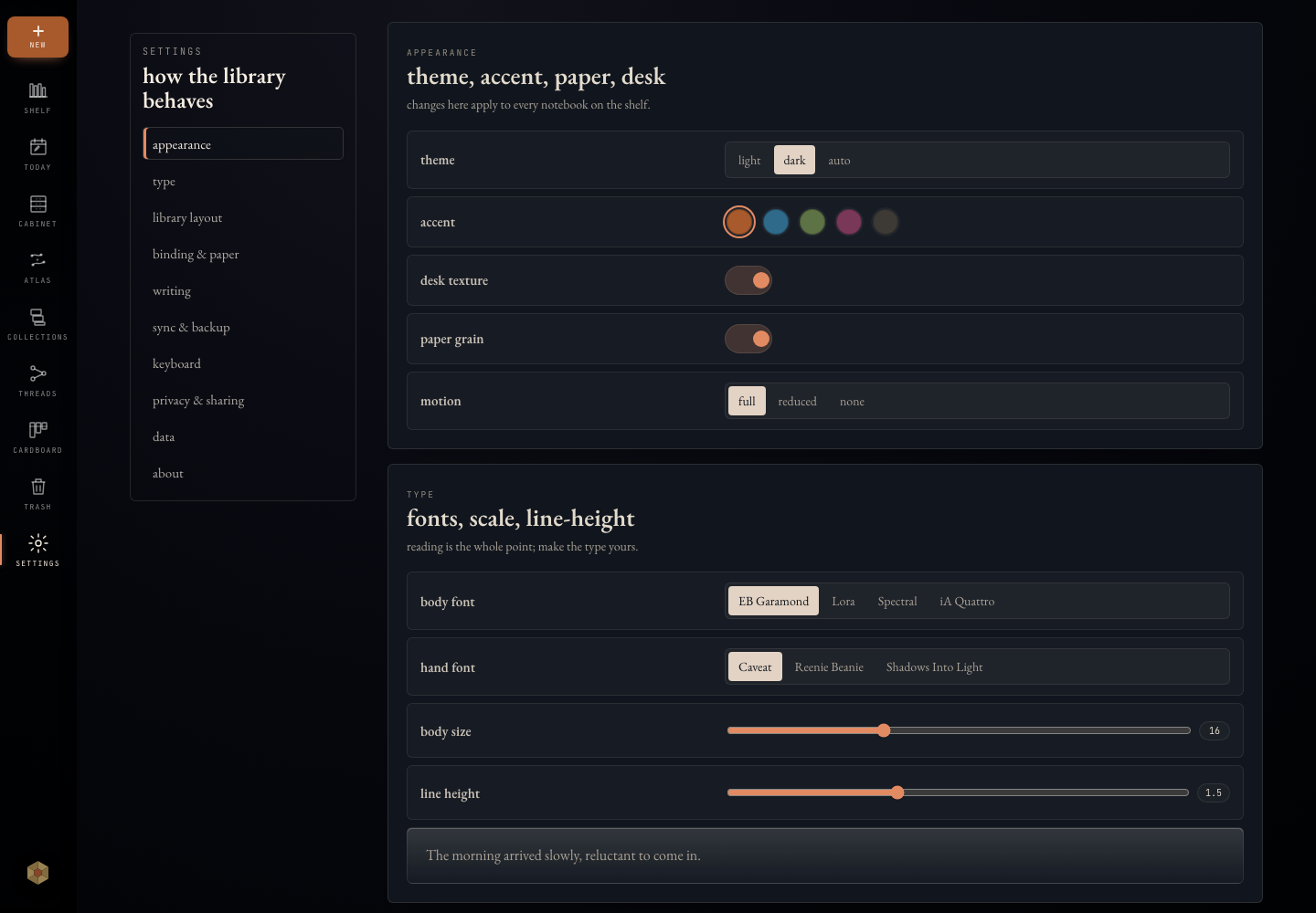 Onnoir settings showing local backups, export, privacy, and appearance controls