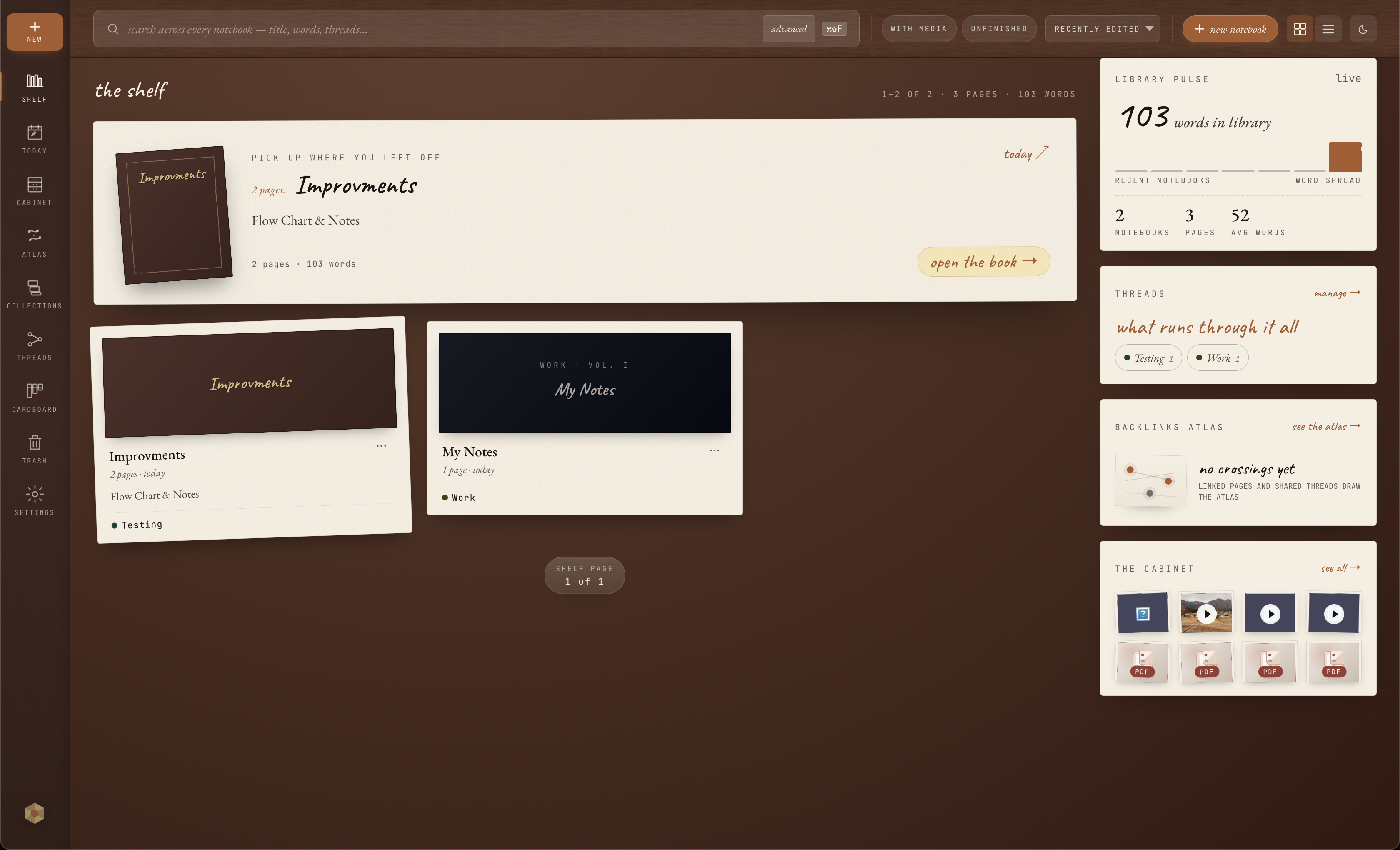 Onnoir shelf showing encrypted local notebooks, threads, and library pulse
