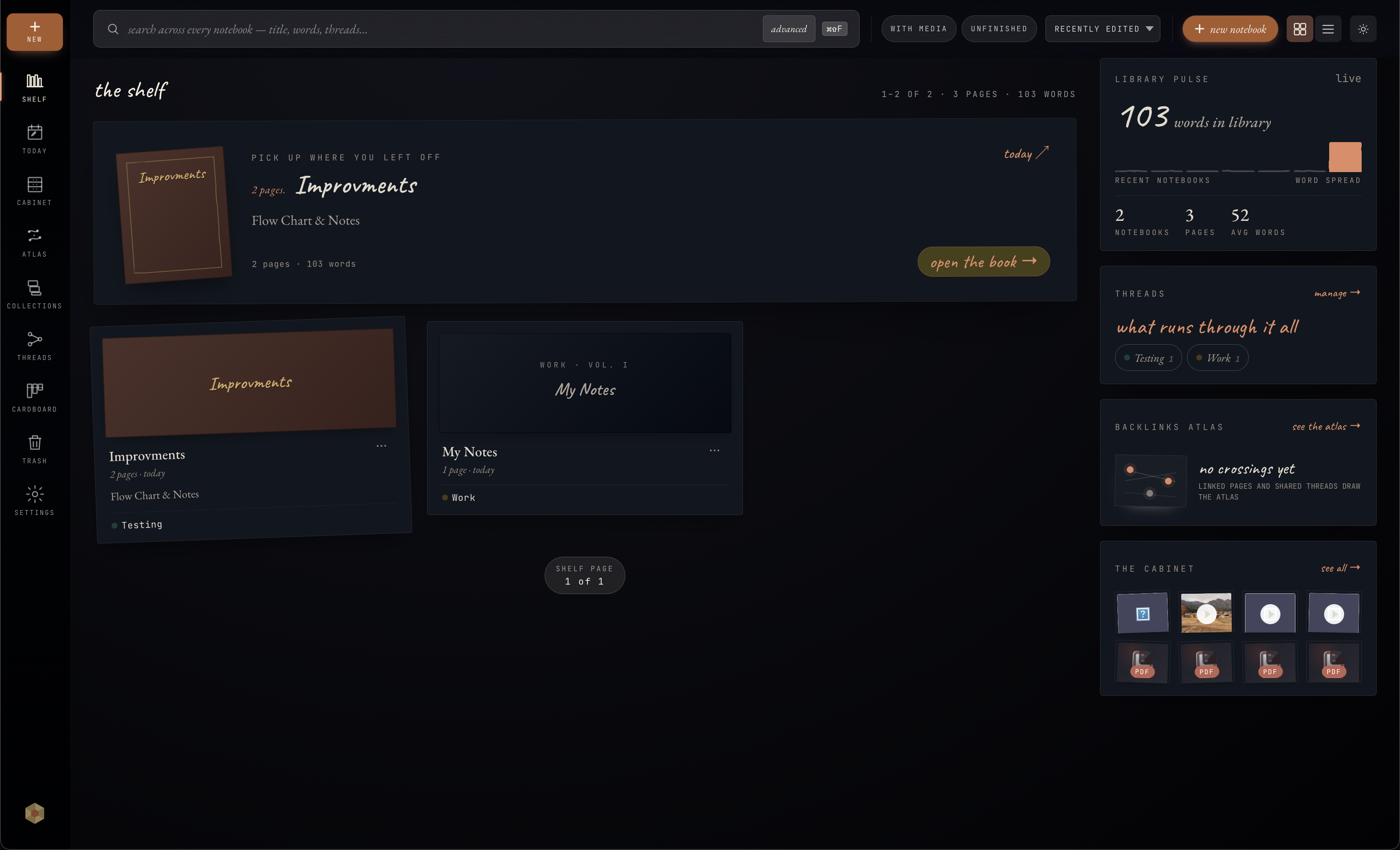 Onnoir shelf showing encrypted local notebooks, threads, and library pulse